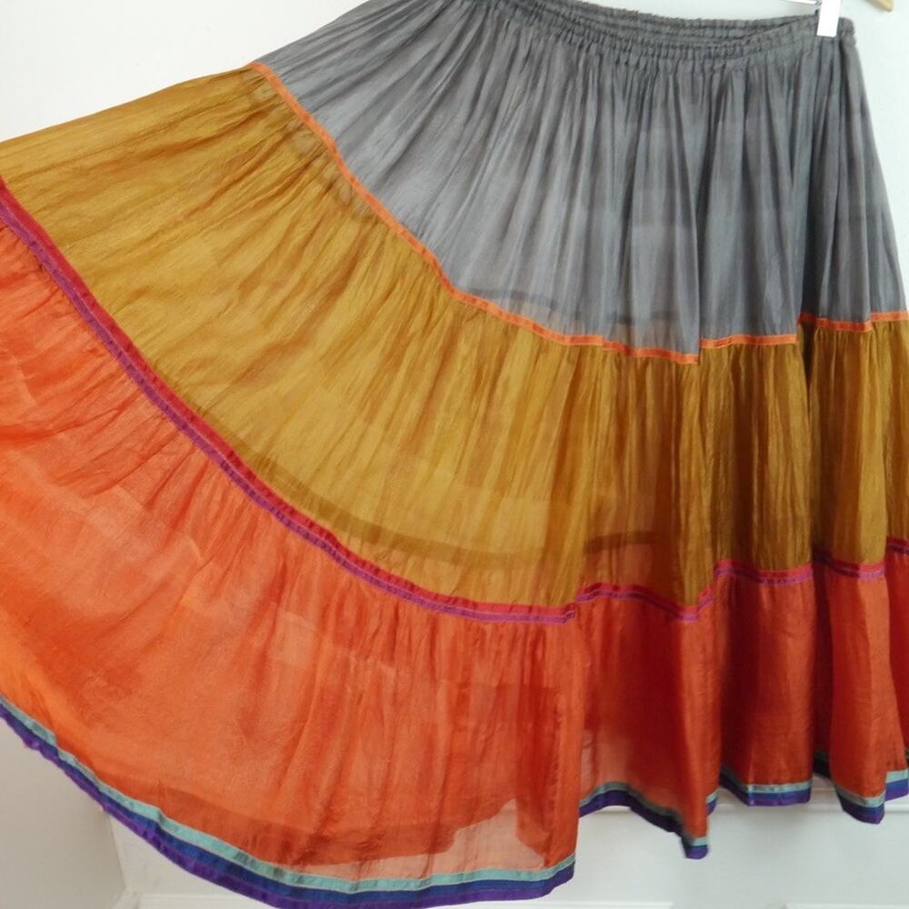 Monsoon Vintage Midi Skirt Tiered‎ Multicolor Sheer Boho Festival Fairy M Hippy